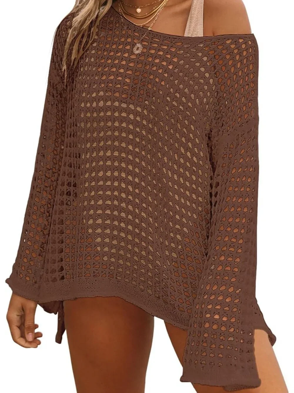 Women's Brown Hollow Out Knit Crochet Imported Polyester Swim Cover Up